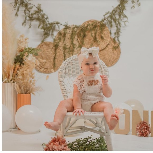 Boho First Birthday Outfit Dress Clothes Romper Ivory Cream Beige Lace smash